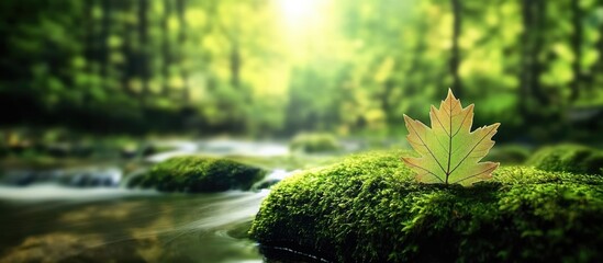 Aufkleber - Serene forest scene with a vibrant leaf resting on mossy rocks by a flowing river surrounded by lush greenery and soft sunlight.