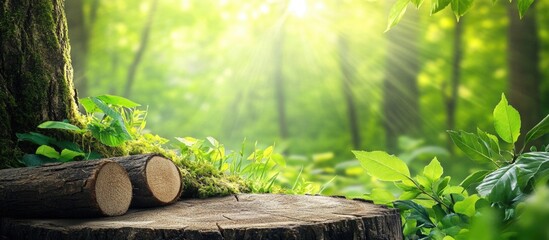 Aufkleber - Stump with freshly cut logs surrounded by lush greenery and soft sunlight streaming through the trees in a serene forest setting