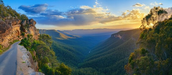 Poster - Scenic panoramic view of a winding road through lush valleys and rugged cliffs during a vibrant sunset in nature.