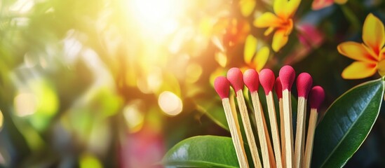 Aufkleber - Colorful matchsticks arranged in a lush garden setting with vibrant flowers and sunlight creating a tranquil and picturesque atmosphere.