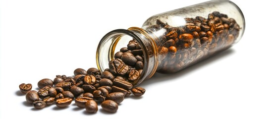 Aufkleber - Roasted coffee beans spilling from a glass bottle on a bright white background showcasing rich textures and colors of the beans.