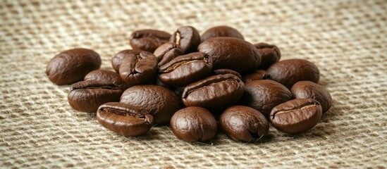 Aufkleber - Roasted coffee beans on burlap background ideal for coffee shop advertising and website visuals with selective focus and depth of field