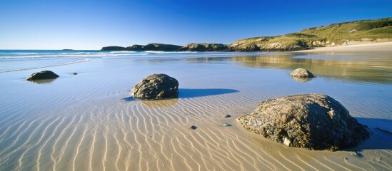 Canvas Print - Serene coastal landscape with wet rocks and gentle waves under clear summer sky at sandy beach