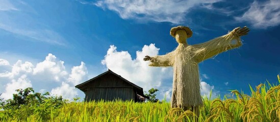 Aufkleber - Scarecrow in Rice Fields Against Blue Sky with Wooden House in Agricultural Demonstration Landscape