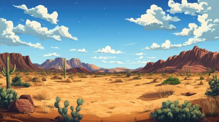 Poster - Desert landscape with sand dunes and mountains under a bright sky featuring cacti and vibrant vegetation in a serene natural setting.