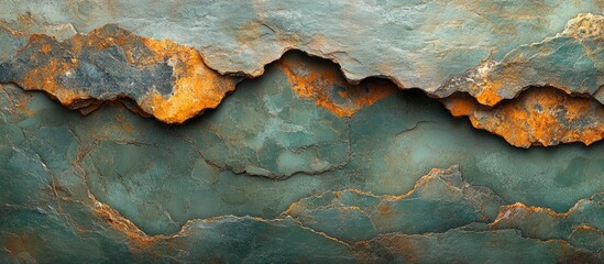 Aufkleber - Textured green and orange stone surface with natural patterns and layers creating a rustic and artistic background for design projects.