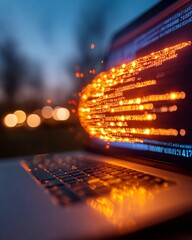 Aufkleber - Dynamic Cyber Aesthetic Analytics Interface with LED Displays and Binary Code on Laptop - Cutting-Edge Digital Workspace for Data-Driven Solutions in Tech Industries