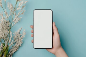Poster - Modern Virtual Communication Hand Gesture on Minimalistic Smartphone Frame with Botanical Accent - Social Media Content for Digital Marketing and Remote Networking Solutions