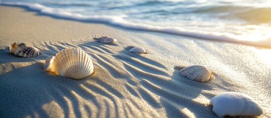 Canvas Print - Rippling sand patterns created by tidal waves with seashells on a serene beach at sunset.