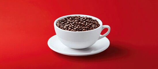 Aufkleber - Roasted coffee beans cascading into a white coffee cup on a saucer against a vibrant red background for fresh beverage aesthetics.
