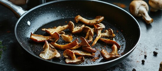 Poster - Roasted oyster mushrooms sizzling in a frying pan against a dark background showcasing culinary textures and colors