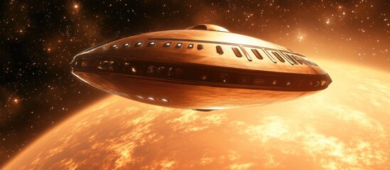 Poster - Futuristic alien spacecraft in orbit around a vibrant fantasy planet with a glowing sun and ample space for custom text insertion