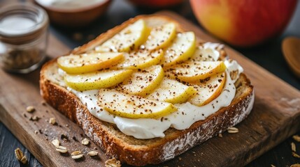 Poster - Rustic toast topped with creamy cheese and fresh apple slices garnished with spices on a wooden board surrounded by apples and ingredients.