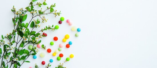 Poster - Colorful candies scattered with a blooming plant on a clean white background creating a vibrant and cheerful composition.