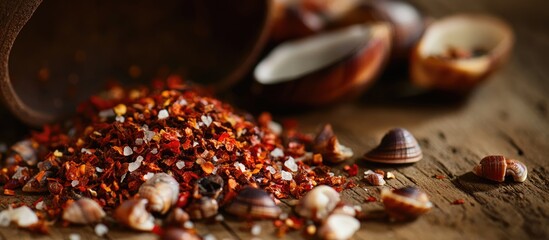 Aufkleber - Spicy river shells seasoned with chili and salt showcased on a rustic wooden surface in Cambodia