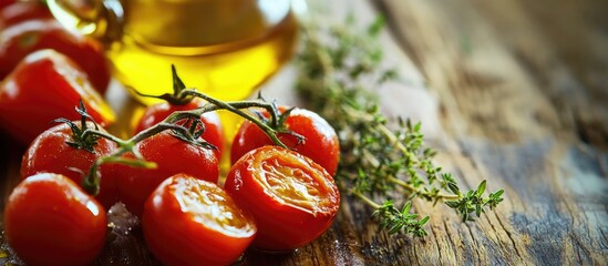 Poster - Roasted Cherry Tomatoes Drizzled with Olive Oil and Garnished with Fresh Thyme on Rustic Wooden Table Background