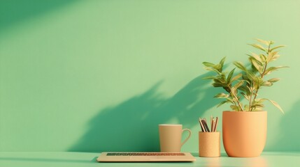 Leinwandbilder - Minimalist Workspace Aesthetic Sustainable Plant Decor and Ergonomic Laptop Setup on Mint Desk - Next-Gen Creative Office Design and Eco-Inspired Productivity