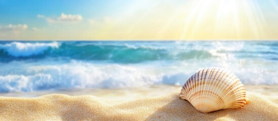 Aufkleber - Seashell on sandy beach with gentle waves and sunlight creating a tranquil coastal atmosphere in a scenic seaside environment.