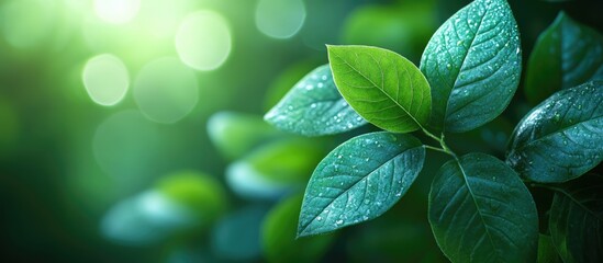 Aufkleber - Vibrant green leaves with dew droplets creating a fresh natural background in soft bokeh light for a serene and calming atmosphere