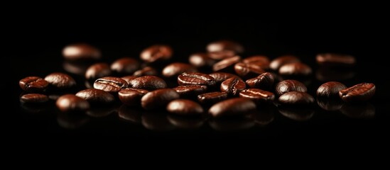 Poster - Roasted coffee beans scattered on a reflective black surface showcasing their rich color and texture against a dark background.