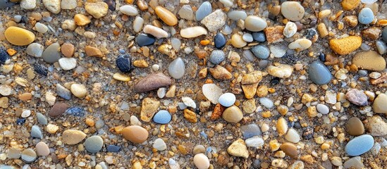 Aufkleber - Colorful pebbles and gravel on sandy riverbank creating a natural texture background for landscape or environmental designs.