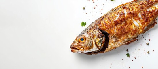 Aufkleber - Whole Fried Fish with Salt and Seasoning on White Background for Culinary and Food Presentation Use
