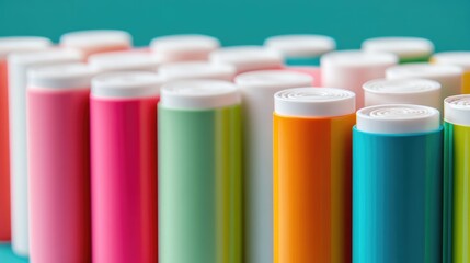 Poster - Colorful snack tubes in various vibrant shades lined up against a bright background creating a lively and appealing display.