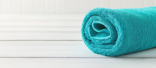 Poster - Turquoise rolled towel on a white wooden table showcasing soft cotton fabric texture ideal for spa or bathroom settings.