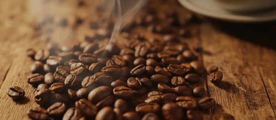 Aufkleber - Aromatic roasted coffee beans scattered on a rustic wooden table with steam rising, capturing the essence of fresh coffee moments.