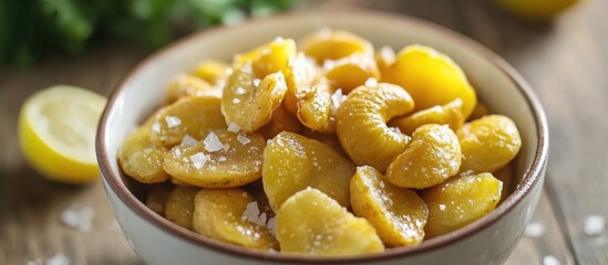 Leinwandbilder - Roasted Cashew Nuts with Sea Salt in a Bowl on Wooden Table with Lemon Garnish
