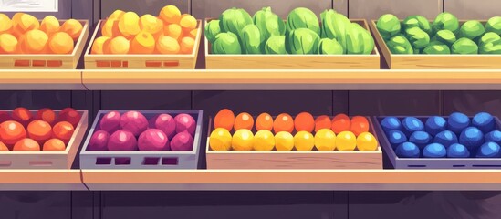 Aufkleber - Revamped store shelves displaying colorful produce with ample empty space for branding and promotional text