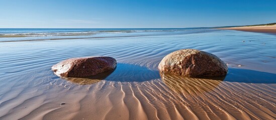 Canvas Print - Rocks on a serene wet beach reflecting summer sunlight under a clear blue sky