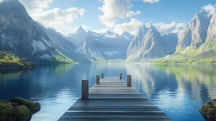 Poster - Serene dock extending into tranquil waters surrounded by majestic mountains and a clear blue sky in a picturesque landscape.