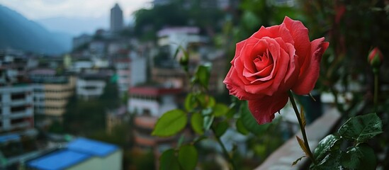 Poster - Vibrant rose in a rooftop garden overlooking a cityscape with detailed petal textures and lush greenery