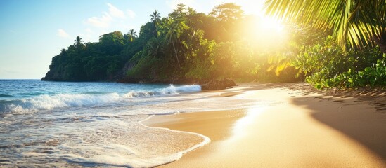 Poster - Sandy beach with gentle waves and bright sunlight illuminating tropical landscape and palm trees during a serene coastal afternoon