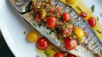 Poster - Grilled Fish Topped with Fresh Cherry Tomato Salsa and Herbs on a White Plate