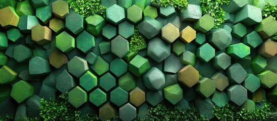 Aufkleber - Geometric green plastic hexagonal panel background with a textured surface and textured moss-like accents for modern design concepts.