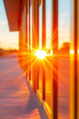 Poster - Sunlit Architectural Design Sunset Reflection on Glass Facade for Modern Environmental Branding - Enhancing Commercial Spaces with Natural Aesthetic and Solar Innovation