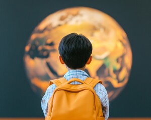 Aufkleber - Immersive Learning Globe Child with Orange Backpack in Interactive Classroom - Modern Pedagogy and Educational Tech for Future-Ready Learning Environments