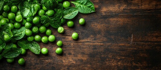 Wall Mural - Fresh green peas and leafy greens on a rustic wooden surface for vibrant food photography or healthy eating concepts