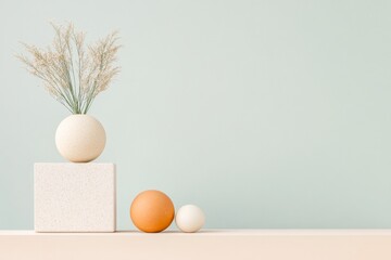 Poster - Minimalist Geometric Composition Pastel Spheres and Cubes with Decorative Vase for Modern Interior Design and Trendy Marketing Visuals