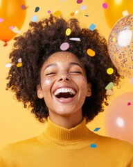 Aufkleber - Vibrant Office Celebration Black Woman with Glitter Freckles and Confetti Balloons - Creative Workplace Atmosphere and Team Engagement Content