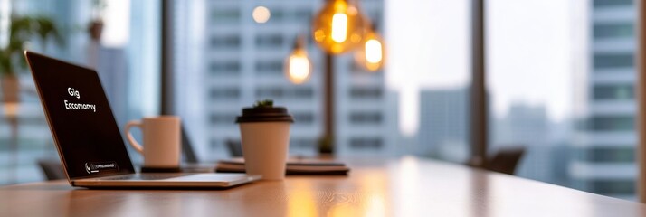 Leinwandbilder - Minimalist Open Workspace in South Korea Communal Desk, Laptops and Coffee - Modern Co-Living Design for Freelancers and Remote Work Efficiency