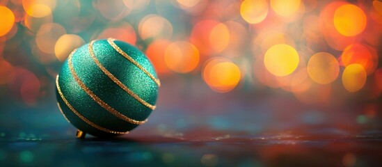 Poster - Green Christmas ornament with golden stripes on a blurred colorful bokeh background festive holiday decoration concept