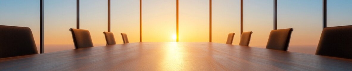 Poster - Sunset-Cast Corporate Conference Table Sleek Wooden Surface in Modern Office - Diplomatic Strategy Visualization and Global Collaboration Inspiration