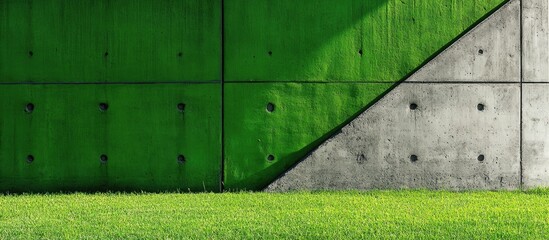 Aufkleber - Textured concrete wall with green paint and natural grass foreground creating a vibrant and modern background suitable for various designs