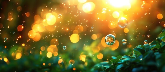 Aufkleber - Colorful bubbles on a vibrant green background with soft bokeh effect showcasing nature's beauty and tranquility.