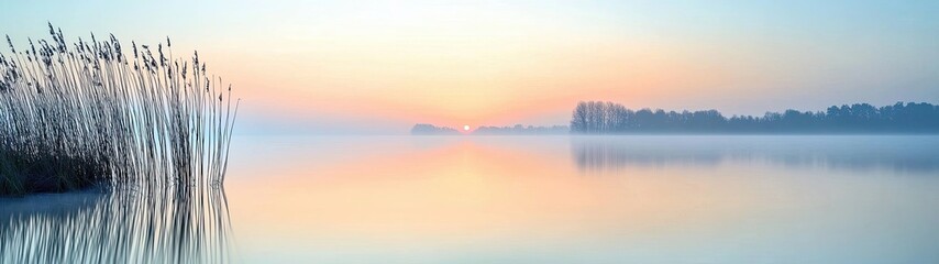 Wall Mural - memorial day concept, serene sunrise over calm water with reeds and mist in a tranquil natural lands