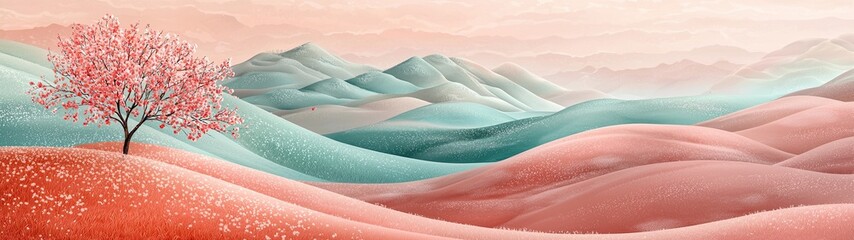 Wall Mural - memorial day concept, tranquil landscape with pink tree and rolling hills in soft pastel colors and 
