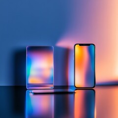 Aufkleber - Futuristic Flat-Lay of UWB Devices Smart Locks and Phones on Glossy Black with Holographic Connectivity - Cutting-Edge Design for Tech-Driven Modern Homes